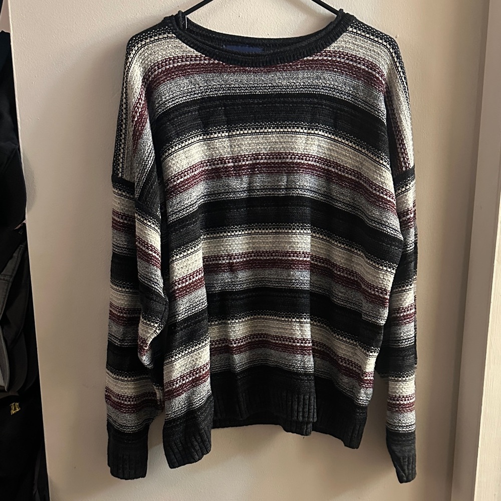 Men's Striped Crewneck Sweater - Black, Gray, and Red